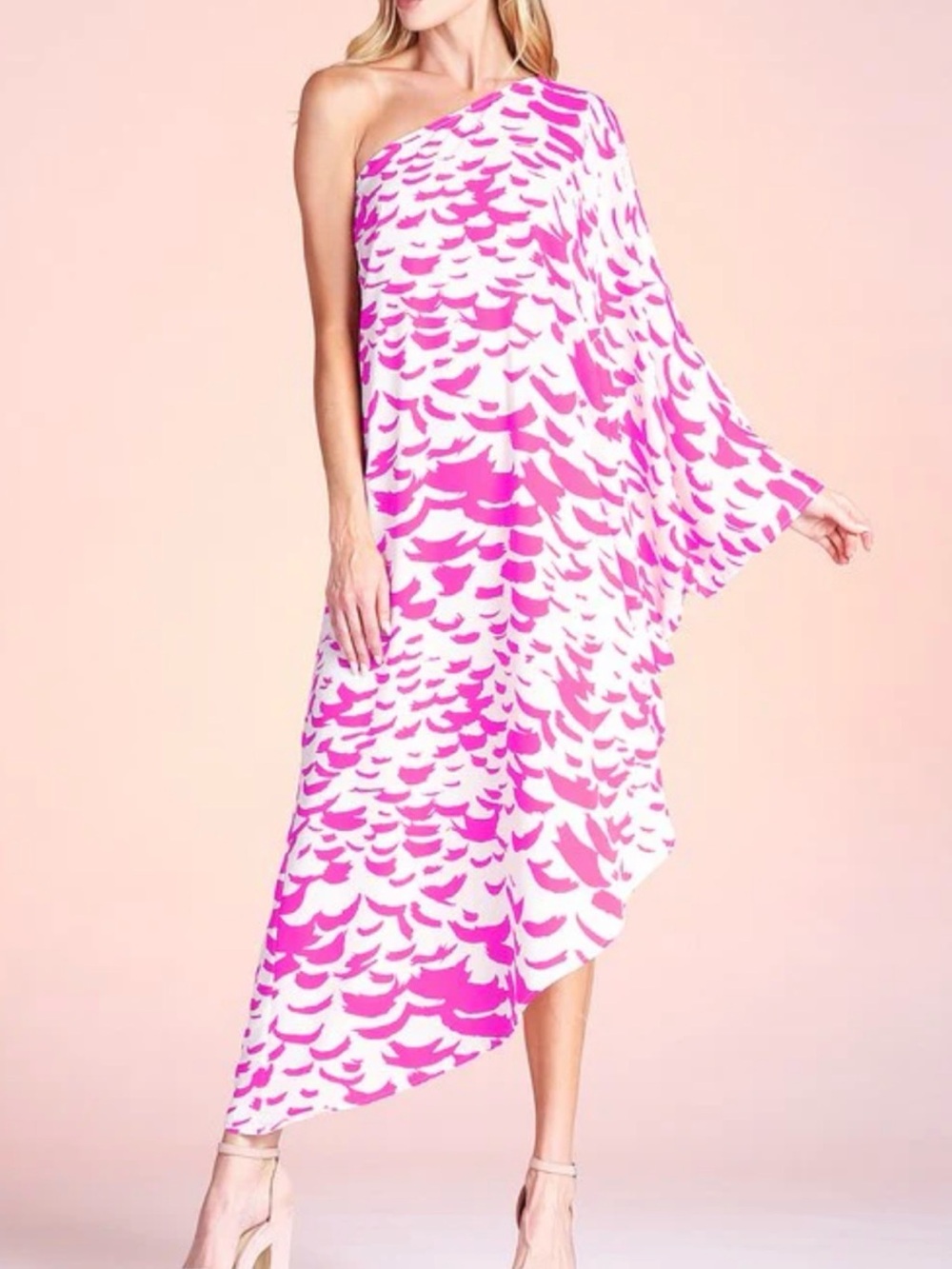 Tyche One-Shoulder Pink and White Printed Dress